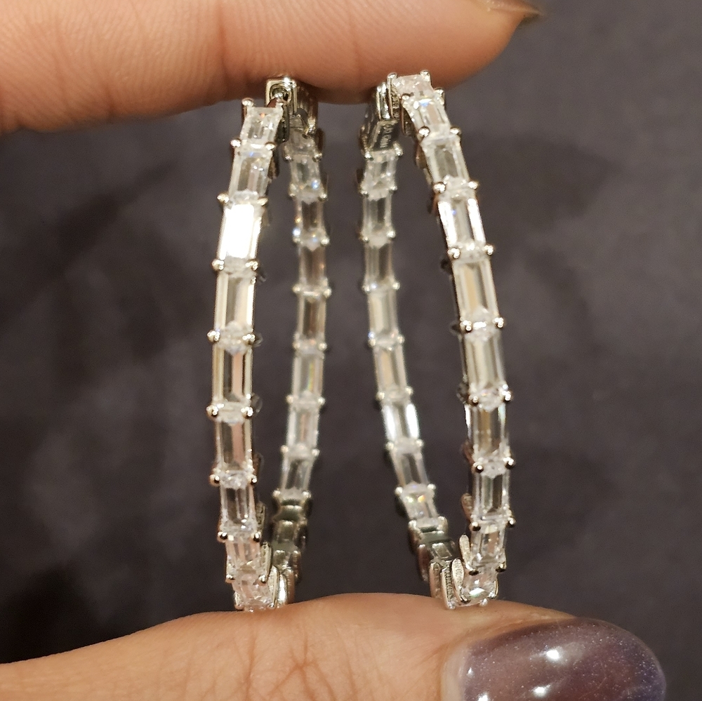 Baguette cut Cubic Zirconia, 1 3/4" hoop earrings set in sterling silver.